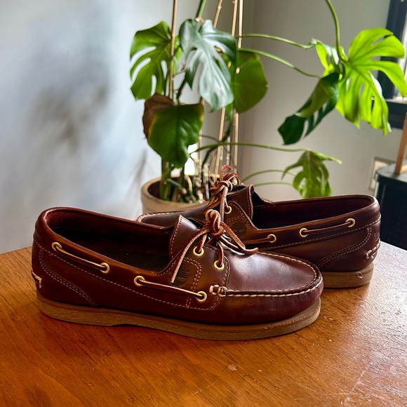 Vintage Timberland Brown Leather Outdoor Preppy 2 Eyelet Boat Deck Shoes 7.5 M - Picture 1 of 8